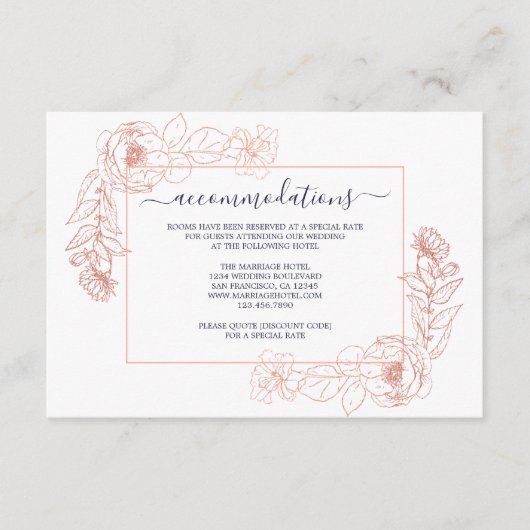 Dunkelblaue Rose Gold Floral Hochzeitsinformatione Begleitkarte (Vorderseite)