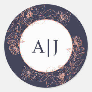Dunkelblaue Rose Gold Floral Wedding Monogram Runder Aufkleber