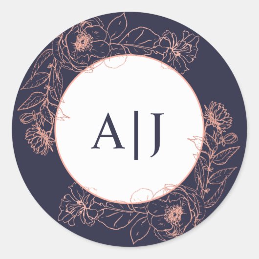 Dunkelblaue Rose Gold Floral Wedding Monogram Runder Aufkleber (Vorderseite)