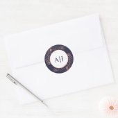 Dunkelblaue Rose Gold Floral Wedding Monogram Runder Aufkleber (Umschlag)