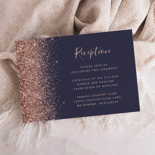 Dunkelblaue Rose Gold Glitzer Edge Hochzeitsempfan Begleitkarte