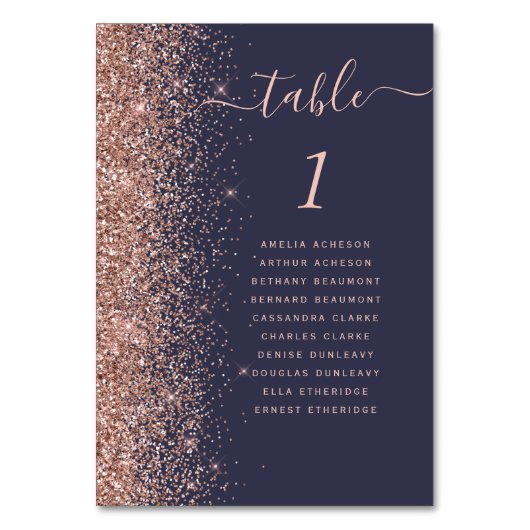 Dunkelblaue Rose Gold Glitzer Hochzeit Tischnummer (Rückseite)