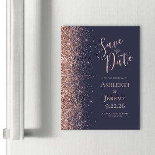 Dunkelblaue Rose Gold Glitzer Save the Date Magnetkarte