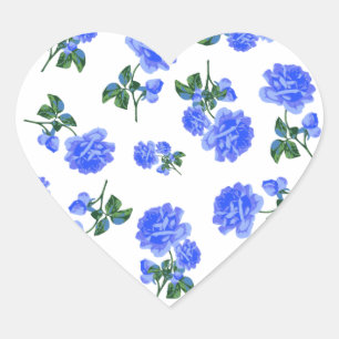 Dunkelblaue Rosen Blumenmuster auf Weiß Herz-Aufkleber