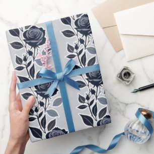 Dunkelblaue Rosen mit silbernen Blättern Geschenkpapier