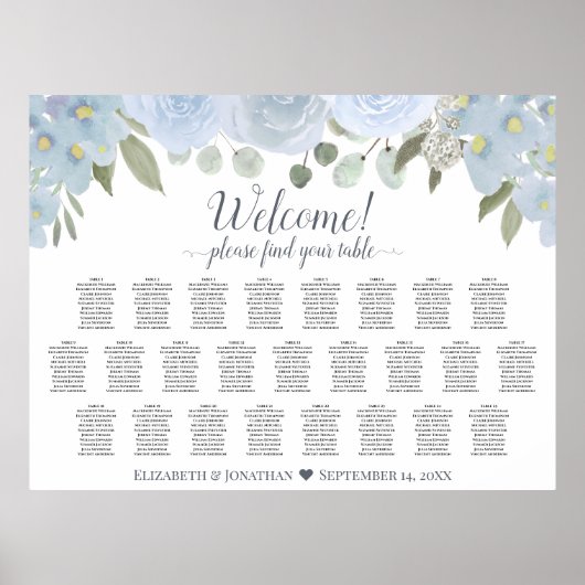Dunkelblaue rustikale Rose 25 Tabelle Sitzplan Poster (Vorne)