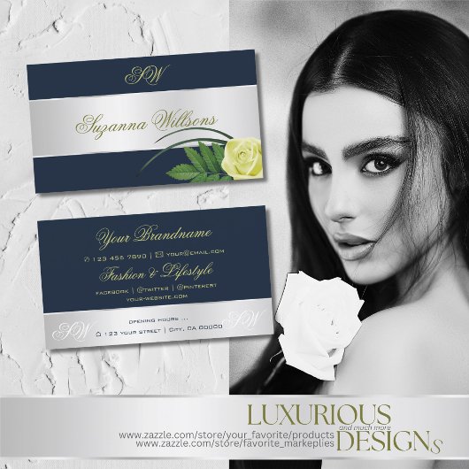 Dunkelblaue Silber Dekor Rose Blume mit Initialen Visitenkarte