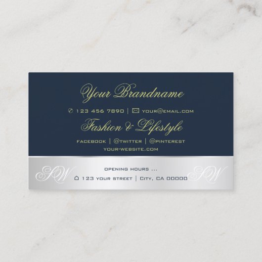 Dunkelblaue Silber Dekor Rose Blume mit Initialen Visitenkarte (Rückseite)