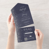 Dunkelblaue Silber-Glitter-QR-Code-Hochzeit All In One Einladung (Abreißen)