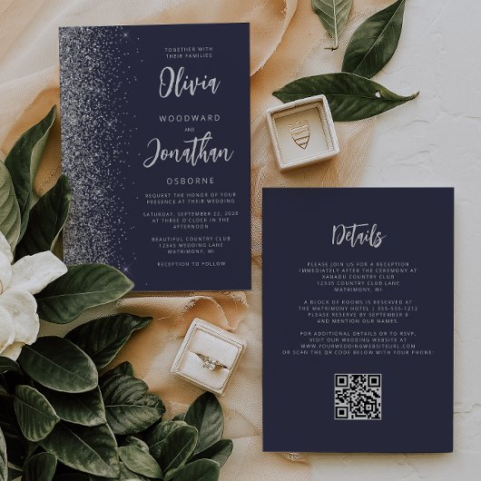 Dunkelblaue Silber-Glitter-QR-Code-Hochzeit Einladung