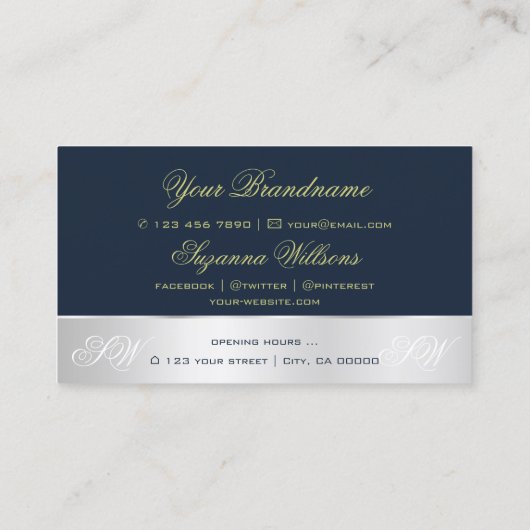 Dunkelblaue Silver Decke Rose Blume mit Monogramm Visitenkarte (Rückseite)