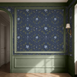 Dunkelblaue skandinavische Folk-Blumen-Tapete Tapete