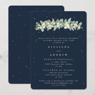 Dunkelblaue Snowberry+Eukalyptus Hochzeitsprobe Einladung