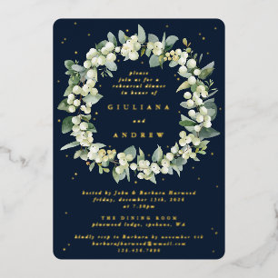 Dunkelblaue Snowberry+Eukalyptus Hochzeitsprobe Folieneinladung