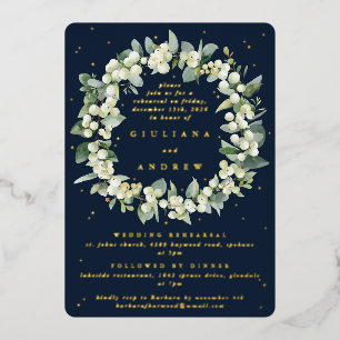 Dunkelblaue Snowberry+Eukalyptus Hochzeitsprobe Folieneinladung