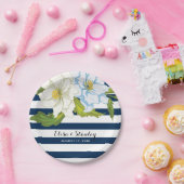 Dunkelblaue Streifen & Blume Moderne Blumenhochzei Pappteller (Party)