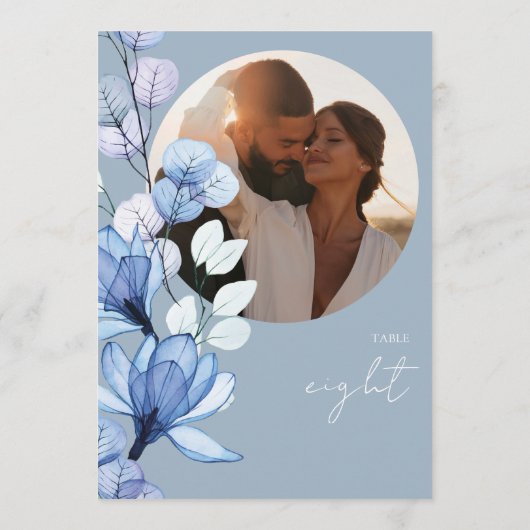 Dunkelblaue transparente Blumendatentabelle Einladung (Rückseite)