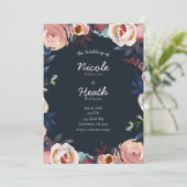 Dunkelblaue und blütenfarbene Pink-Wasserfarben-Bl Einladung (Stehend Vorderseite)