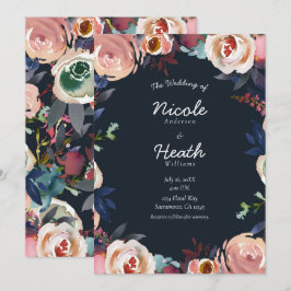 Dunkelblaue und blütenfarbene Pink-Wasserfarben-Bl Einladung