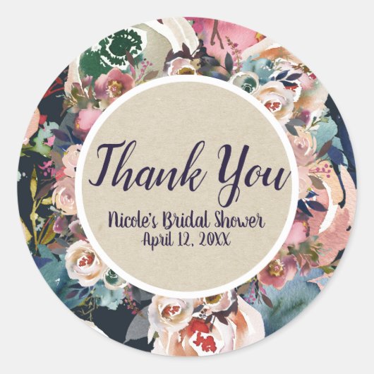 Dunkelblaue und blütenfarbene Pink-Wasserfarben-Bl Runder Aufkleber (Vorderseite)