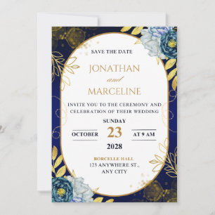 Dunkelblaue und goldene florale Hochzeitseinladung Einladung
