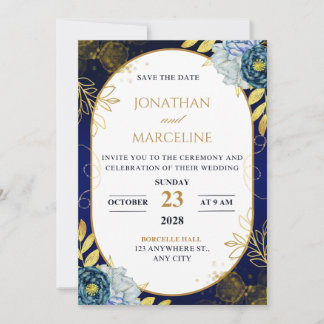Dunkelblaue und goldene florale Hochzeitseinladung Einladung