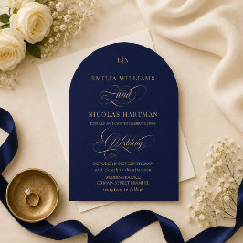 Dunkelblaue und goldene Monogram-Elegante Hochzeit Einladung