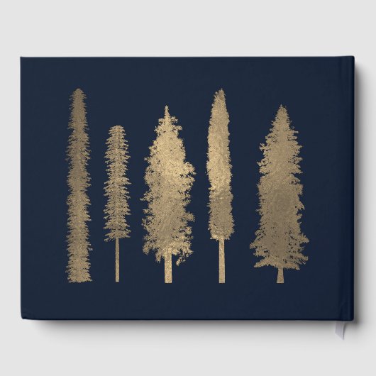 Dunkelblaue und goldfarbene Waldbaumen Hochzeiten Gästebuch (Rückseite)
