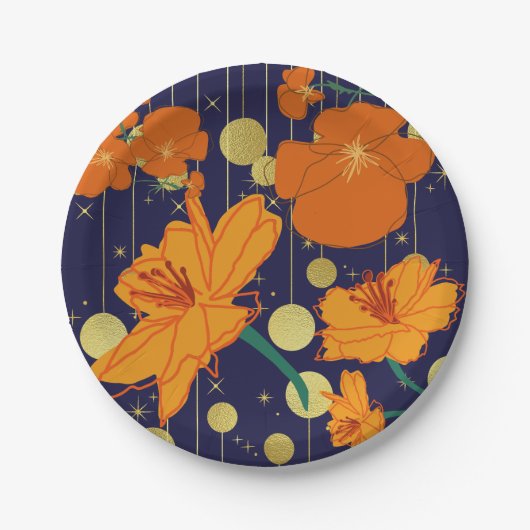 DUNKELBLAUE UND ORANGEFARBENE BLUMEN PAPPTELLER (Vorderseite)