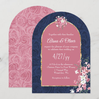 Dunkelblaue und rosa Rosenbouquet, gewölbte Hochze Einladung