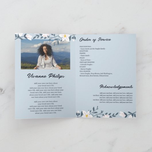 Dunkelblaue und weiße Fotos Begräbnisprogramm Einladung (Innenseite)