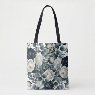 Dunkelblaue und weiße moderne florale Grünzeug-Hoc Tasche