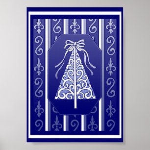 Dunkelblaue und weiße Wirbel Streifen Weihnachtsba Poster