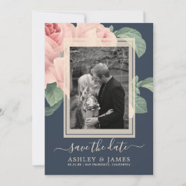 Dunkelblaue Vintag rosa Rosenhochzeit speichern da Einladung