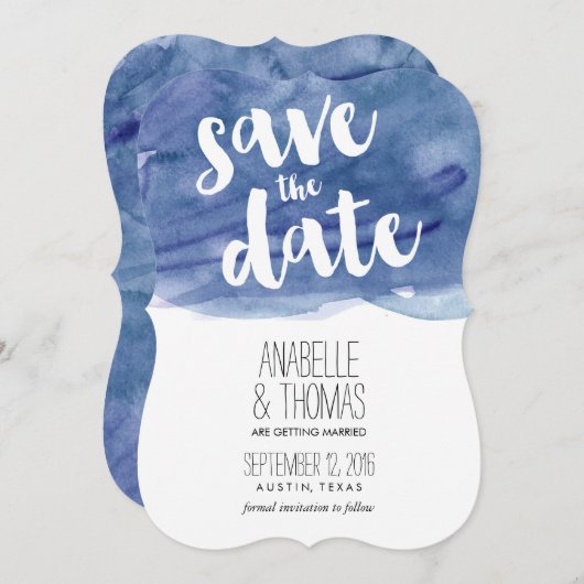 Dunkelblaue Wasserfarbe Hochzeit Sichern Sie das D Einladung (Vorne/Hinten)