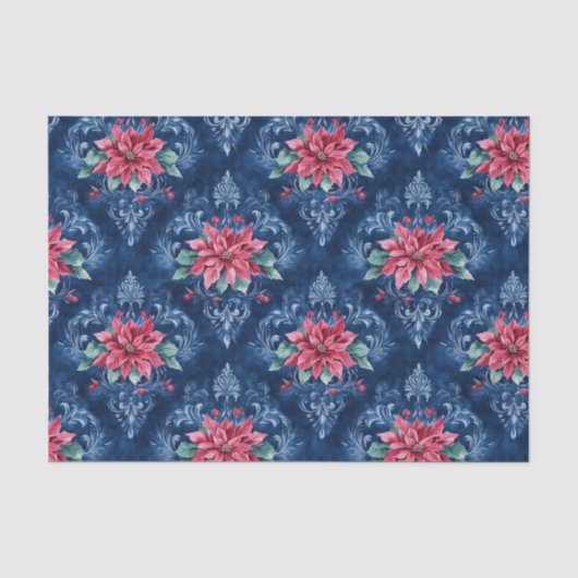 Dunkelblauer Damast mit roten Weihnachtssternblume Seidenpapier (Vorderseite)
