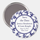 Dunkelblauer fancy Monogramm Save-the-Date-Magnet Magnet (Vorderseite/Rückseite)