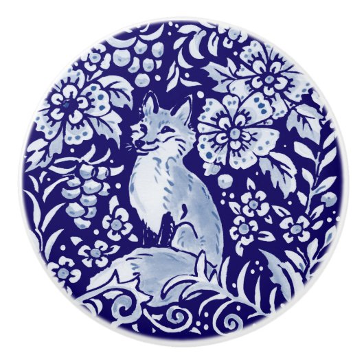 Dunkelblauer Fox Woodland Animal Floral Cobalt Nav Keramikknauf (Vorderseite)