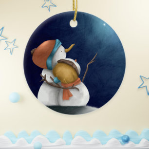 Dunkelblauer Himmel Schneemänner umarmt Sterne Keramik Ornament