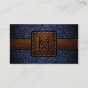 Dunkelblauer Leder Look Braun Monogramm Visitenkarte
