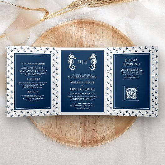 Dunkelblauer maritimer Anker-Seepferdchen-QR-Code- Dreifach Gefaltete Einladung