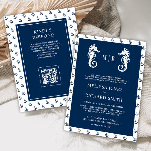 Dunkelblauer maritimer Anker-Seepferdchen-QR-Code- Einladung