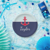 Dunkelblauer Minzestreifen, roter Ankertext Pappteller (Party)