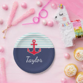 Dunkelblauer Minzestreifen, roter Ankertext Pappteller (Party)