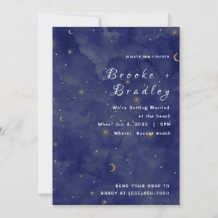 Dunkelblauer Mond & Sterne Himmlische Hochzeit Einladung