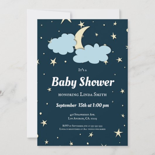 Dunkelblauer Mond und Sterne Elegante neutrale Bab Einladung (Vorderseite)