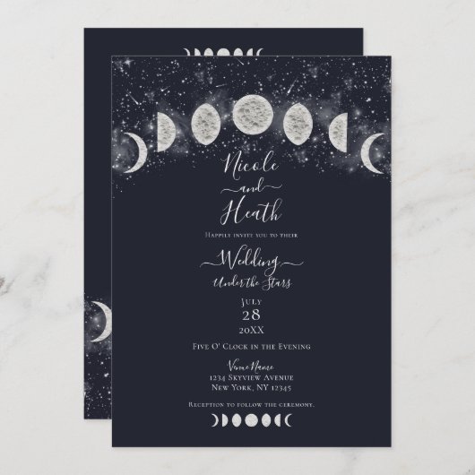 Dunkelblauer Mondphasen unter der Sternenhochzeit Einladung (Vorne/Hinten)