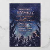 Dunkelblauer Nachtwald Hochzeit Rose Gold Folieneinladung (Vorderseite)