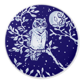 Dunkelblauer Owl Moon Woodland Tier Blumenkobalt Keramikknauf