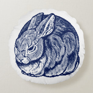 Dunkelblauer Rabbit Bunny Zeichnend Kunst Rundes Kissen